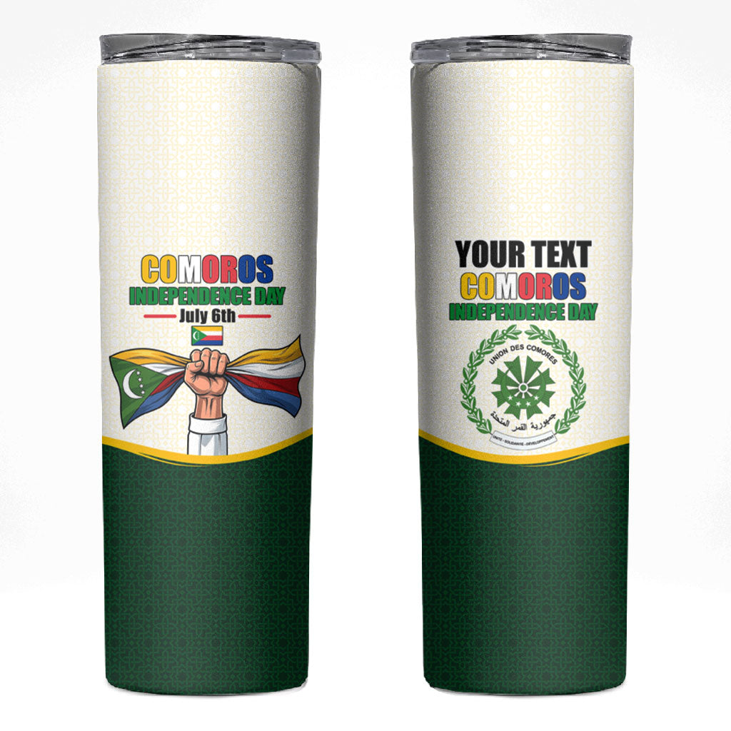 Personalized Comoros Independence Day Skinny Tumbler July 6th National Pride Flag Graphic With Heritage Emblem