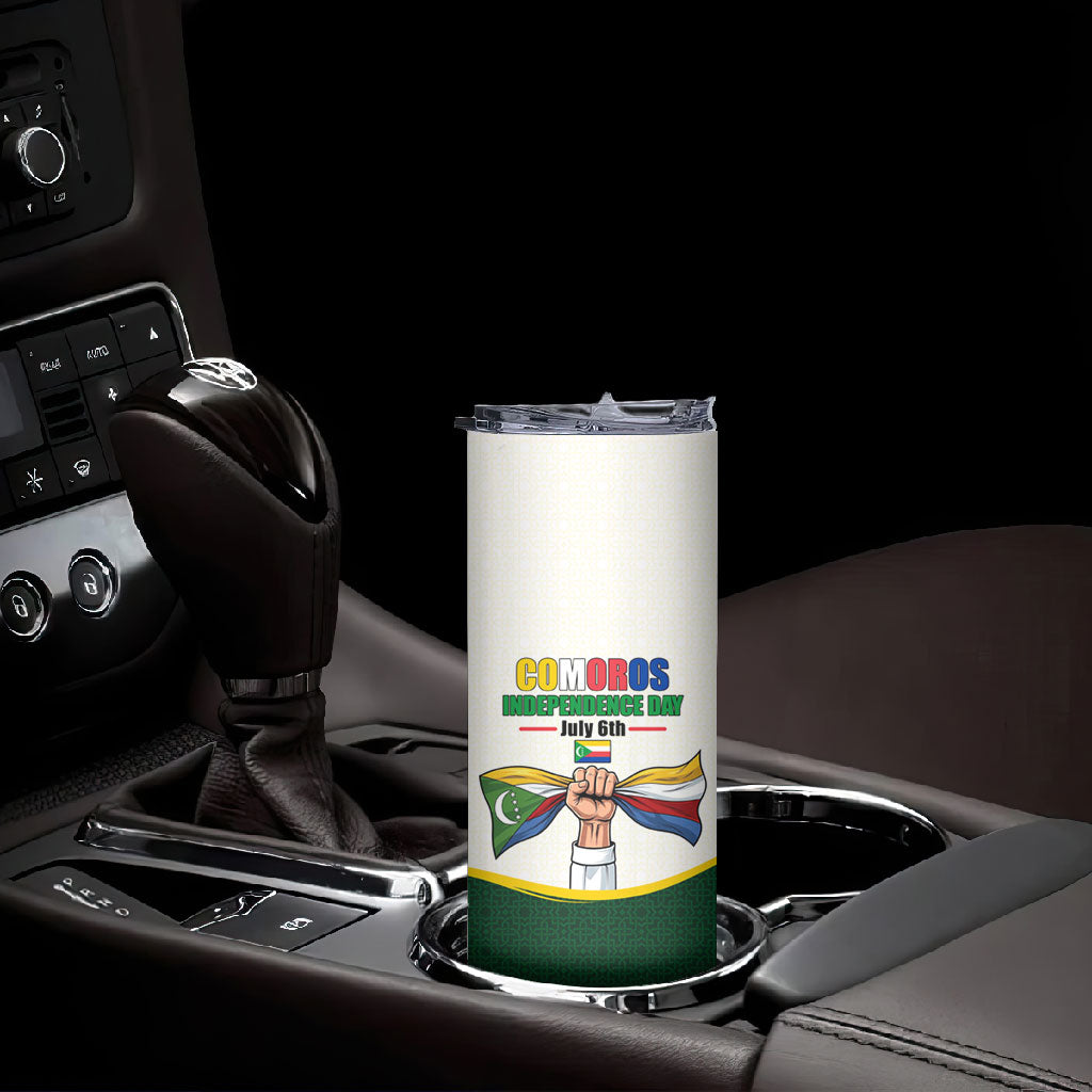 Personalized Comoros Independence Day Skinny Tumbler July 6th National Pride Flag Graphic With Heritage Emblem