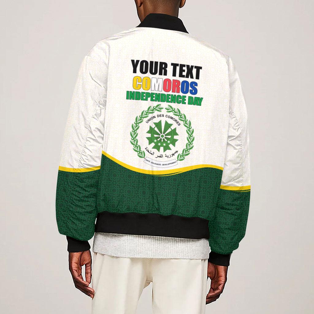 Personalized Comoros Independence Day Sleeve Zip Bomber Jacket July 6th National Pride Flag Graphic With Heritage Emblem