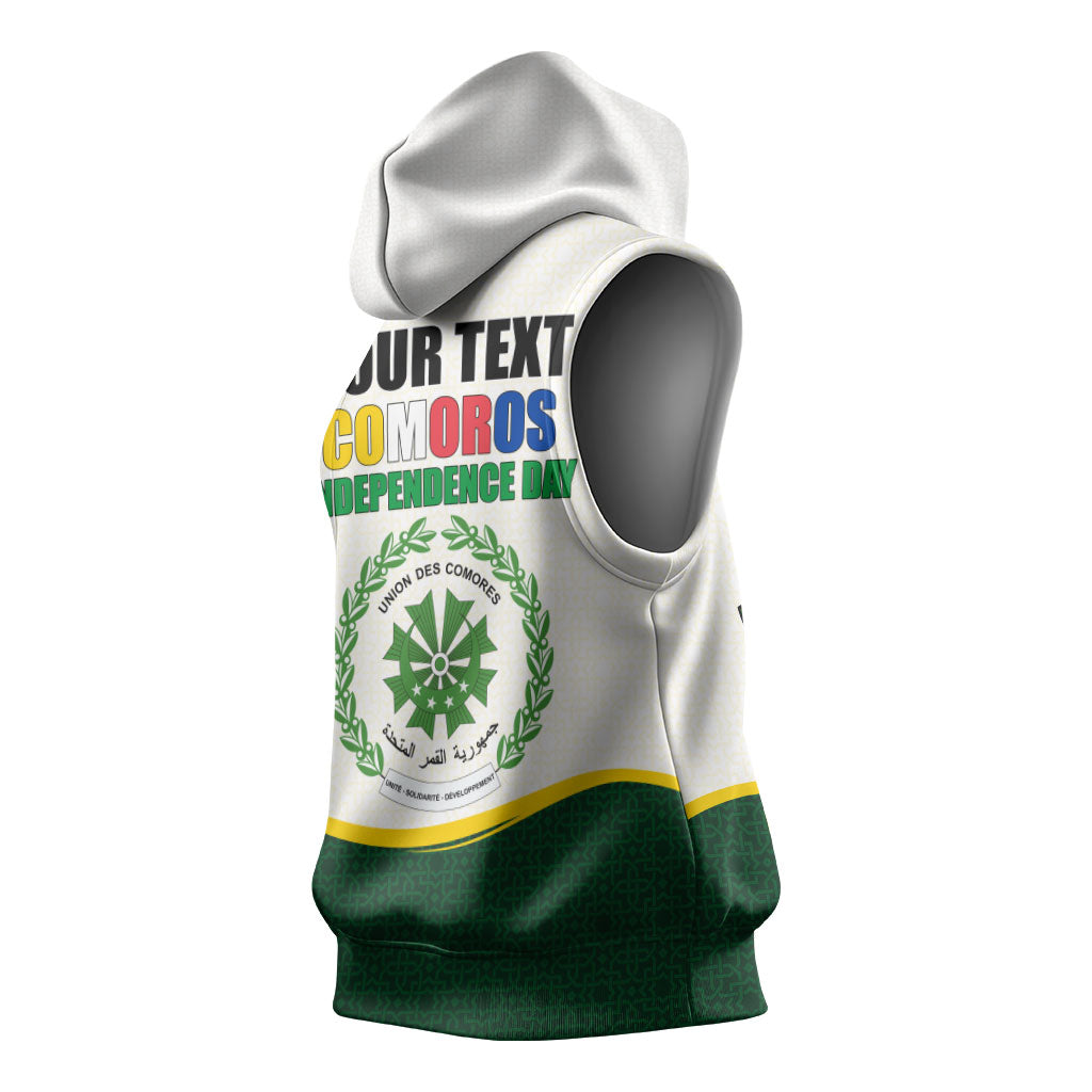 Personalized Comoros Independence Day Sleeveless Hoodie July 6th National Pride Flag Graphic With Heritage Emblem