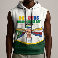 Personalized Comoros Independence Day Sleeveless Hoodie July 6th National Pride Flag Graphic With Heritage Emblem