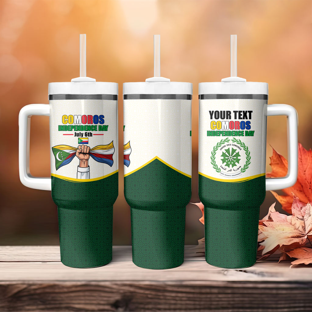 Personalized Comoros Independence Day Tumbler With Handle July 6th National Pride Flag Graphic With Heritage Emblem