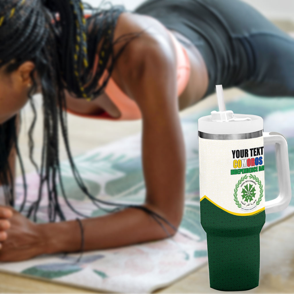 Personalized Comoros Independence Day Tumbler With Handle July 6th National Pride Flag Graphic With Heritage Emblem