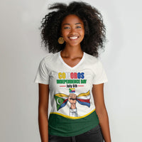 Personalized Comoros Independence Day Women V-Neck T-Shirt July 6th National Pride Flag Graphic With Heritage Emblem