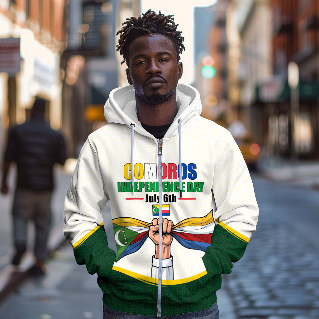 Personalized Comoros Independence Day Zip Hoodie July 6th National Pride Flag Graphic With Heritage Emblem