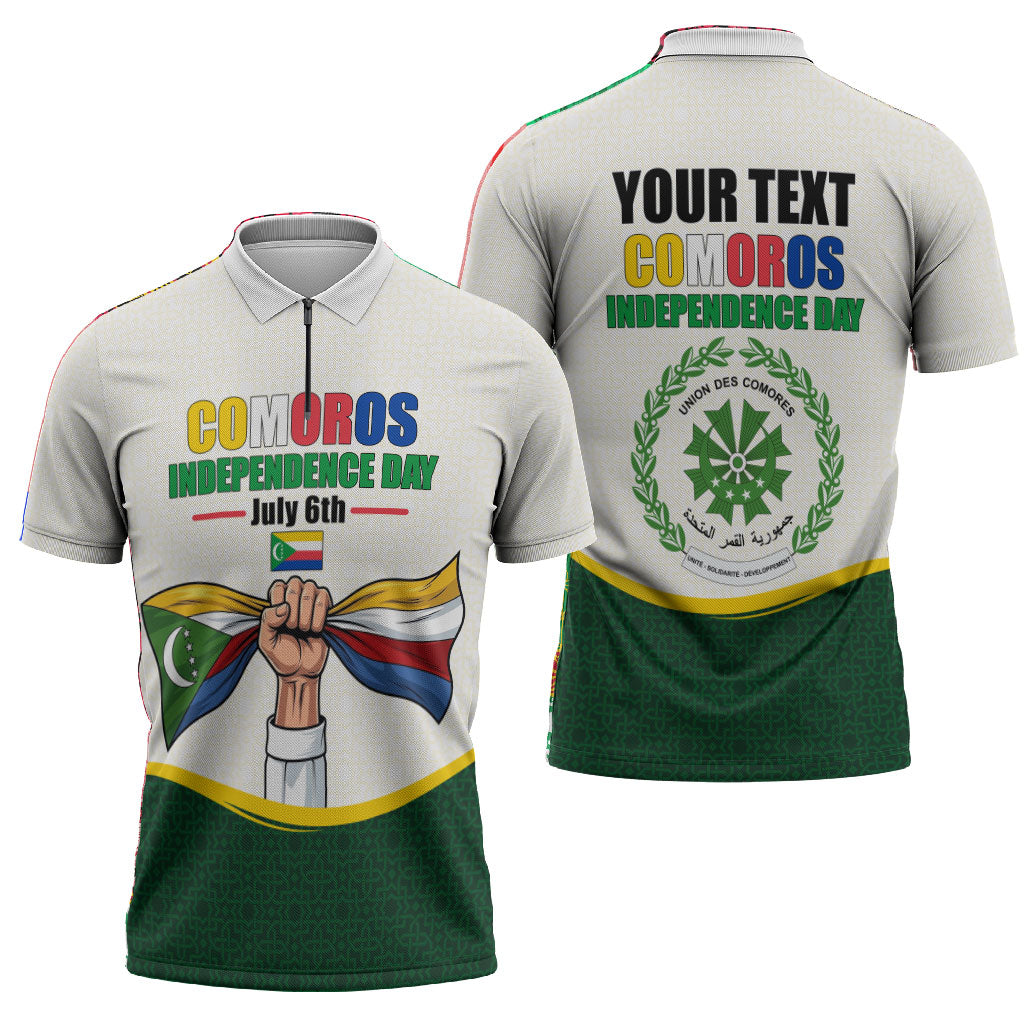 Personalized Comoros Independence Day Zipper Polo Shirt July 6th National Pride Flag Graphic With Heritage Emblem
