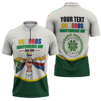 Personalized Comoros Independence Day Zipper Polo Shirt July 6th National Pride Flag Graphic With Heritage Emblem