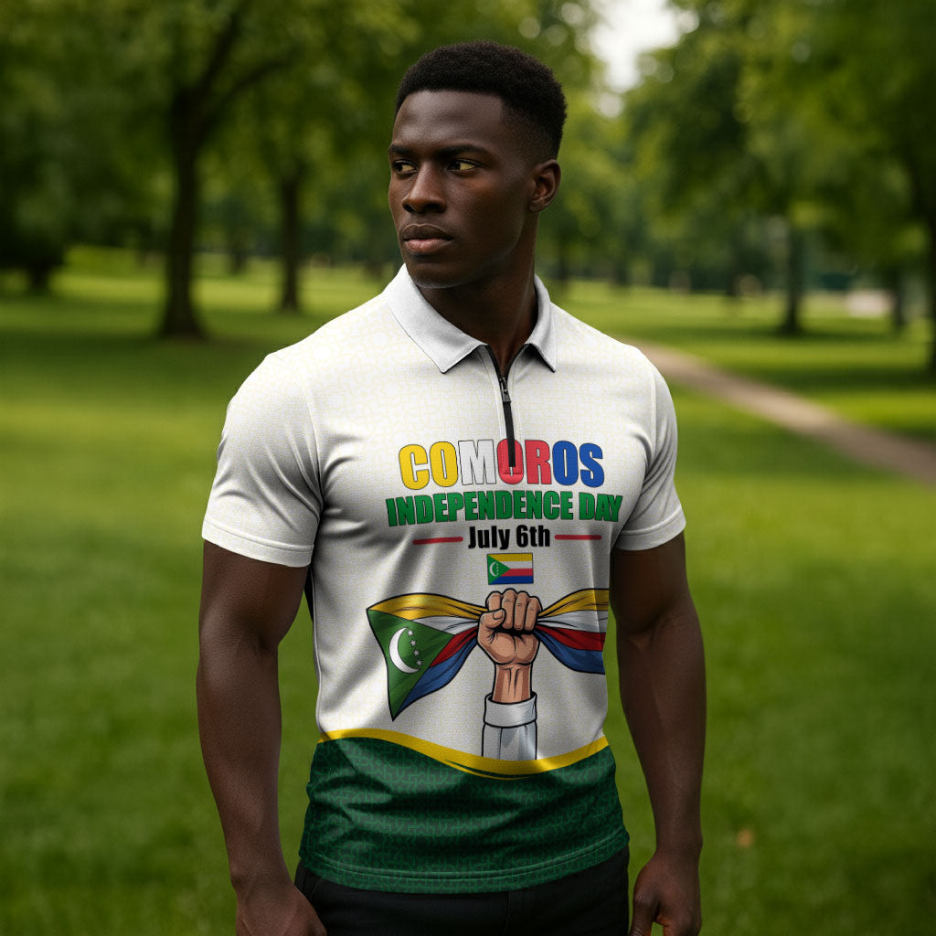 Personalized Comoros Independence Day Zipper Polo Shirt July 6th National Pride Flag Graphic With Heritage Emblem
