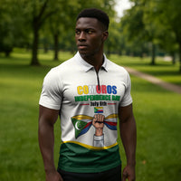 Personalized Comoros Independence Day Zipper Polo Shirt July 6th National Pride Flag Graphic With Heritage Emblem