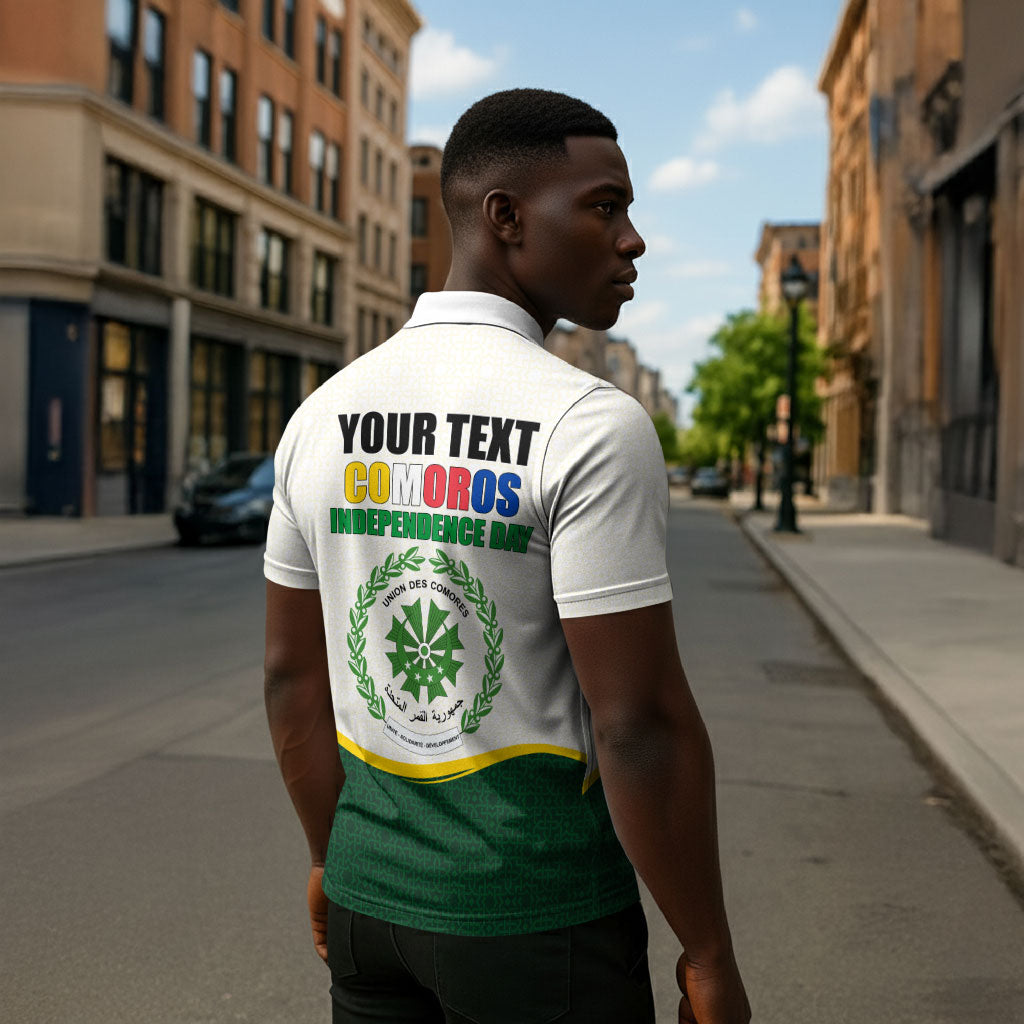 Personalized Comoros Independence Day Zipper Polo Shirt July 6th National Pride Flag Graphic With Heritage Emblem