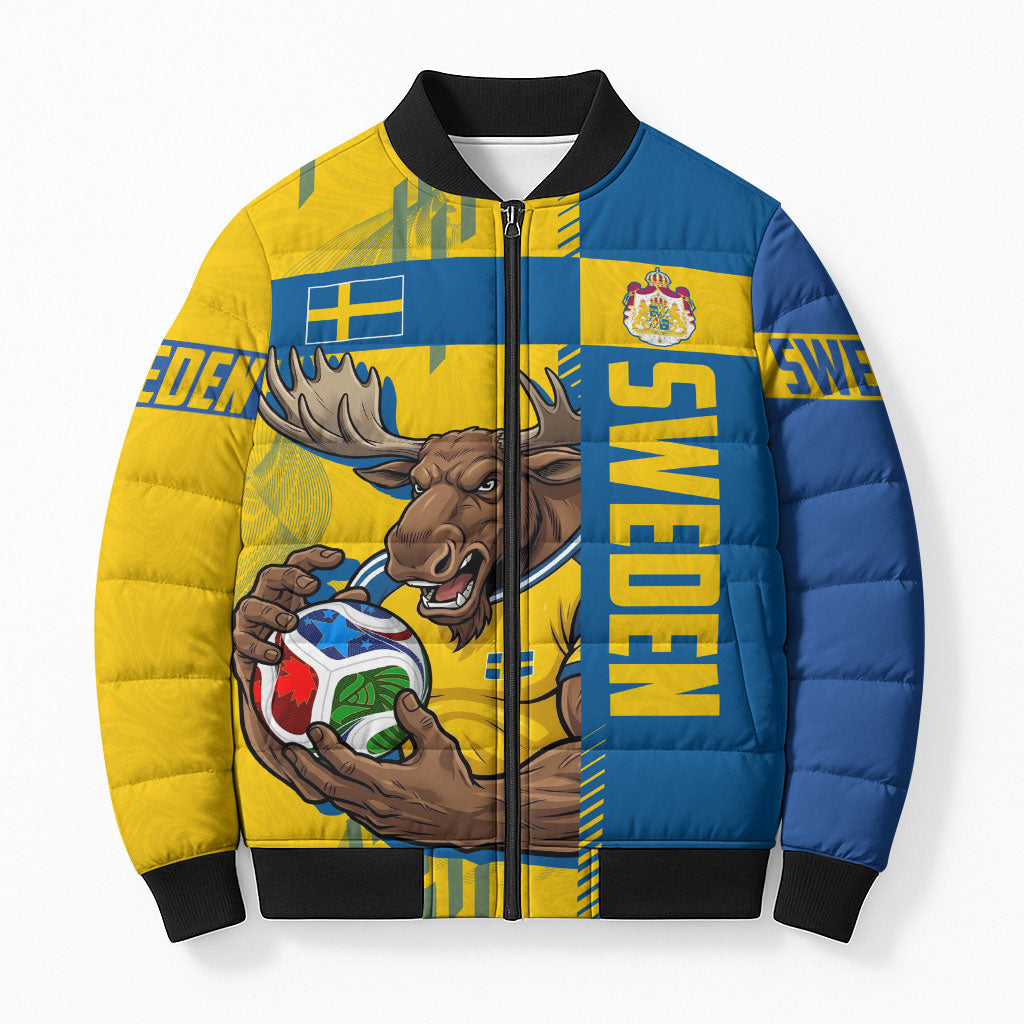 Personalized Sweden Soccer Bomber Puffer Jacket Swedish Flag - Moose Football Mascot