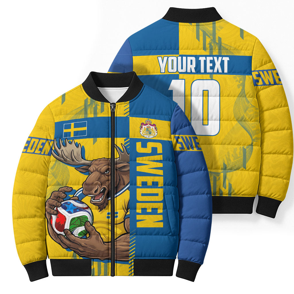 Personalized Sweden Soccer Bomber Puffer Jacket Swedish Flag - Moose Football Mascot