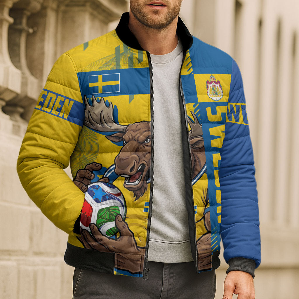 Personalized Sweden Soccer Bomber Puffer Jacket Swedish Flag - Moose Football Mascot