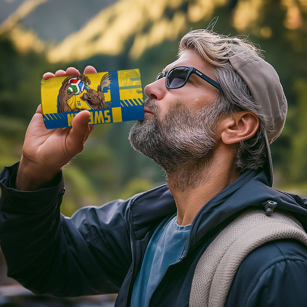 Personalized Sweden Soccer 4 in 1 Can Cooler Tumbler Swedish Flag - Moose Football Mascot