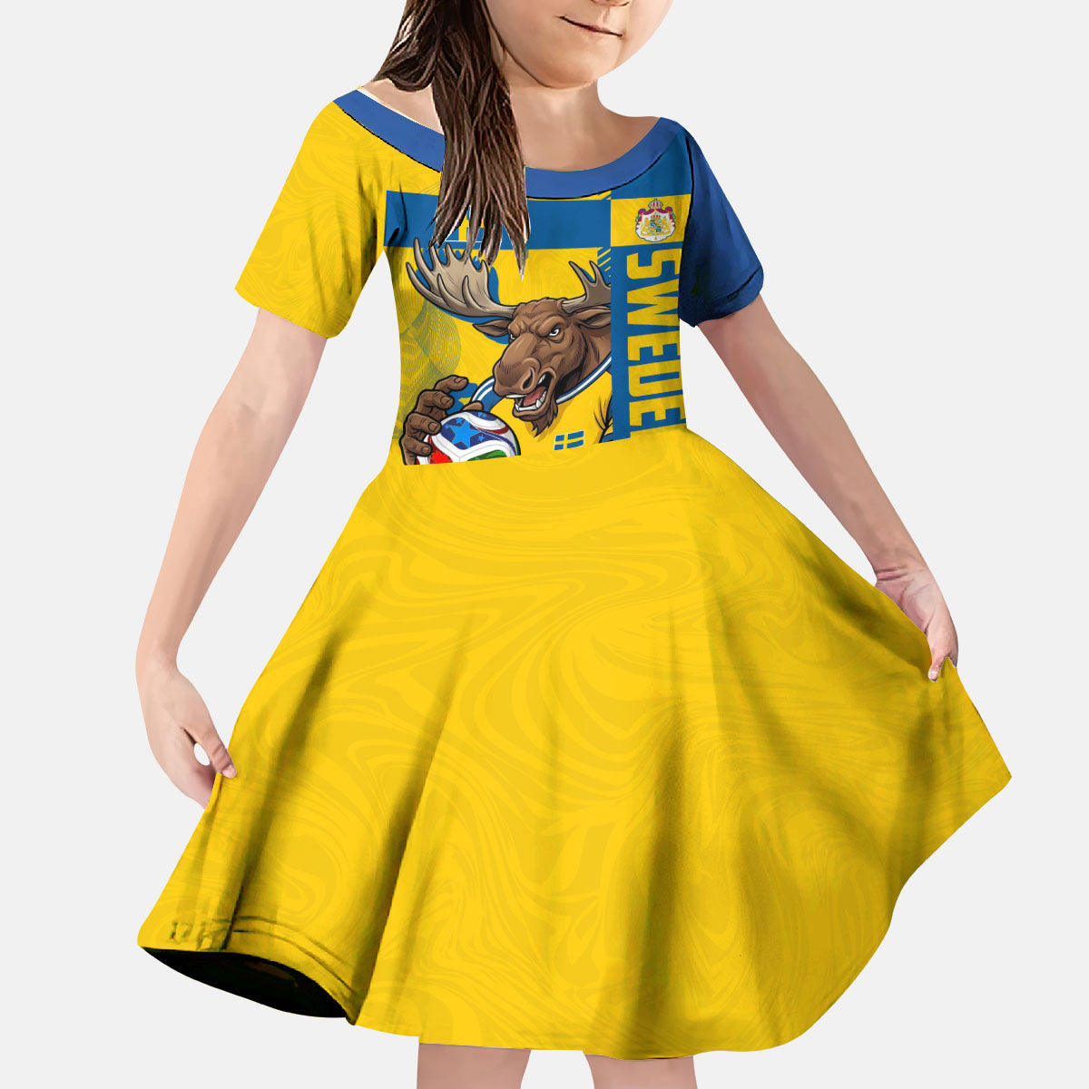 Personalized Sweden Soccer Kid Short Sleeve Dress Swedish Flag - Moose Football Mascot