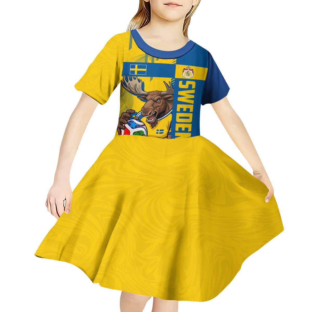 Personalized Sweden Soccer Kid Short Sleeve Dress Swedish Flag - Moose Football Mascot