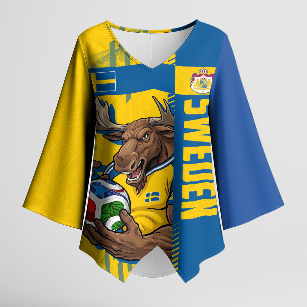 Personalized Sweden Soccer Kimono Sleeve Blouse Swedish Flag - Moose Football Mascot