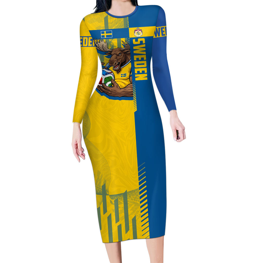 Personalized Sweden Soccer Long Sleeve Bodycon Dress Swedish Flag - Moose Football Mascot