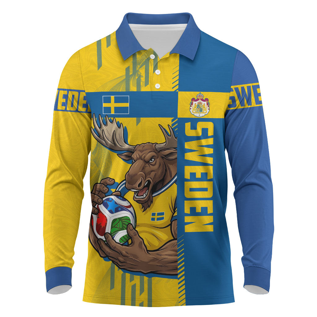 Personalized Sweden Soccer Long Sleeve Polo Shirt Swedish Flag - Moose Football Mascot