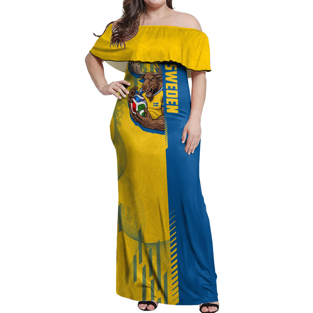Personalized Sweden Soccer Off Shoulder Maxi Dress Swedish Flag - Moose Football Mascot