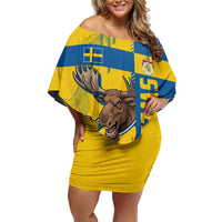 Personalized Sweden Soccer Off Shoulder Short Dress Swedish Flag - Moose Football Mascot