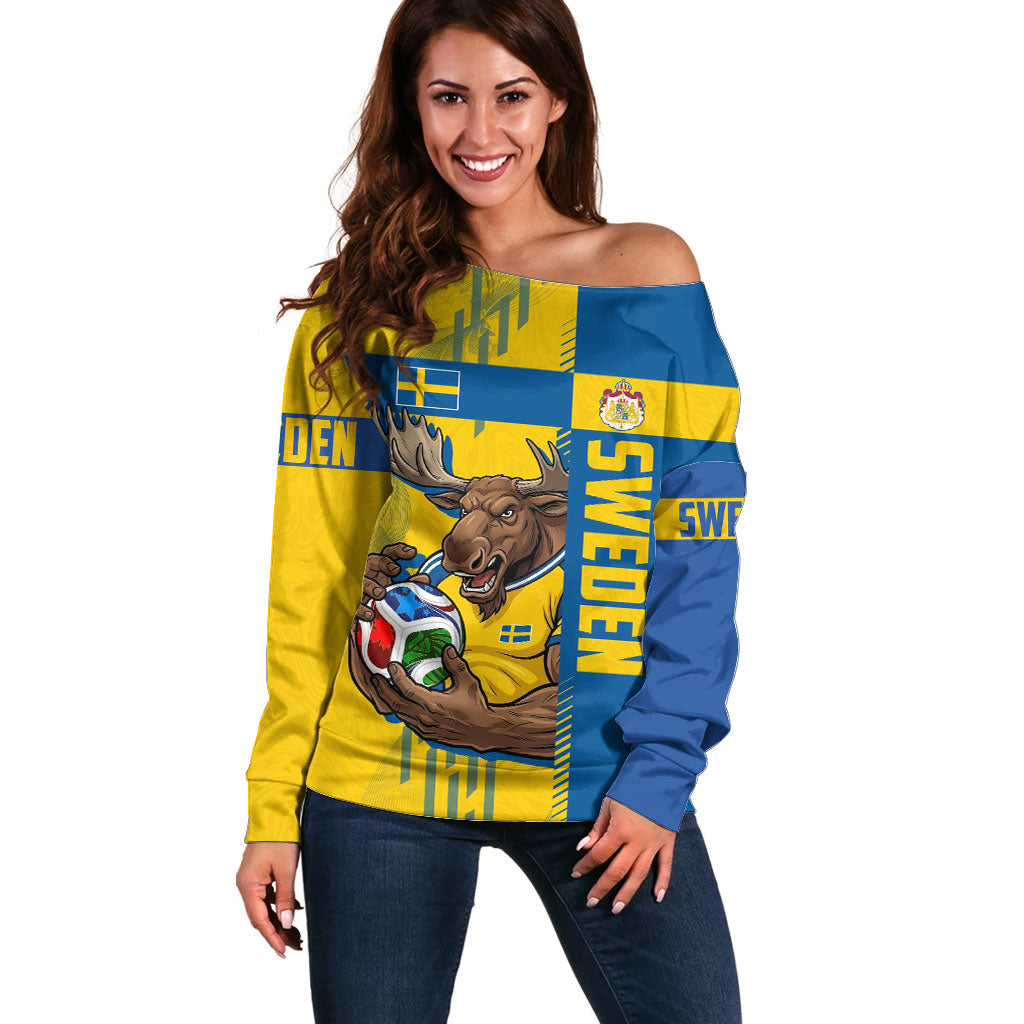 Personalized Sweden Soccer Off Shoulder Sweater Swedish Flag - Moose Football Mascot