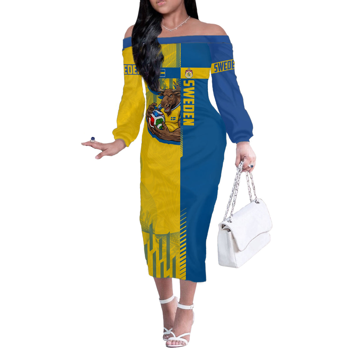 Personalized Sweden Soccer Off The Shoulder Long Sleeve Dress Swedish Flag - Moose Football Mascot