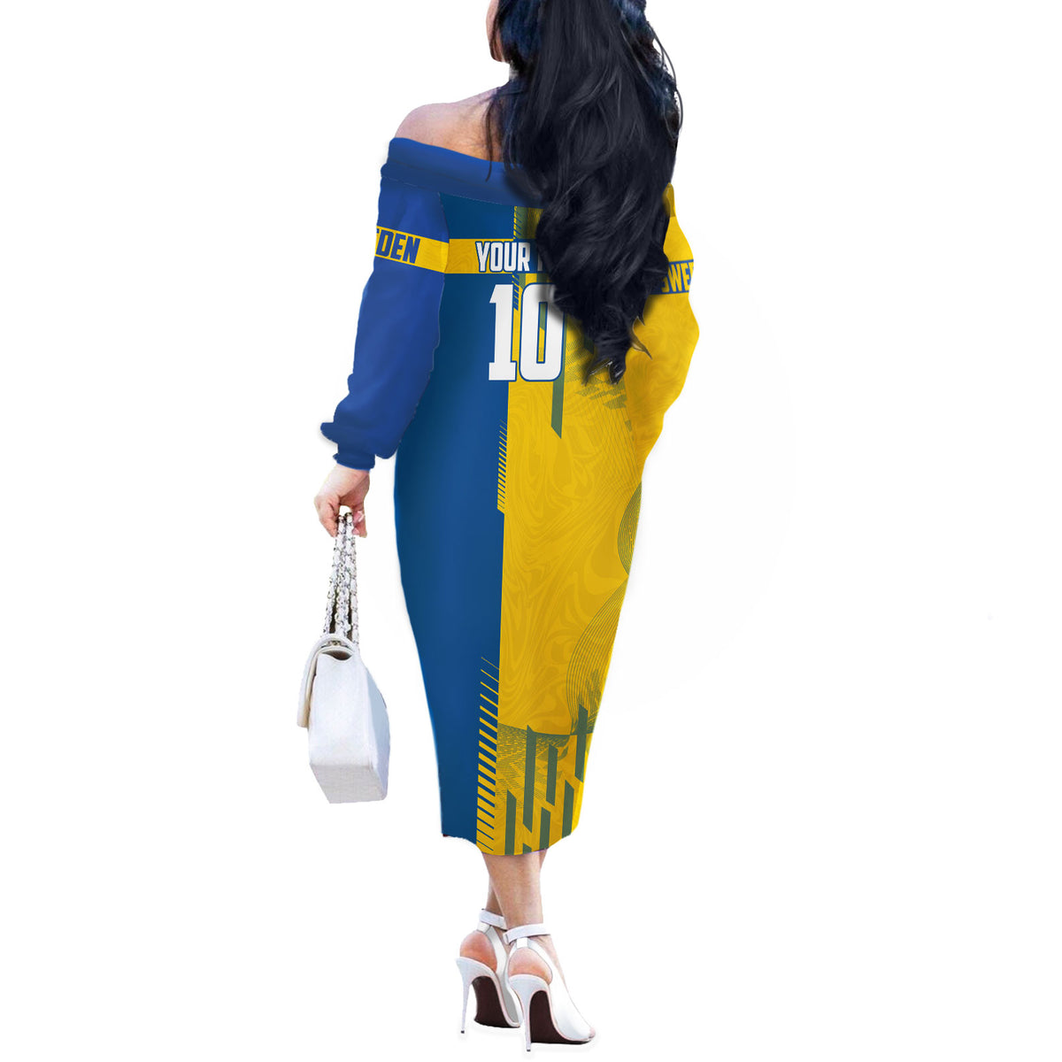 Personalized Sweden Soccer Off The Shoulder Long Sleeve Dress Swedish Flag - Moose Football Mascot