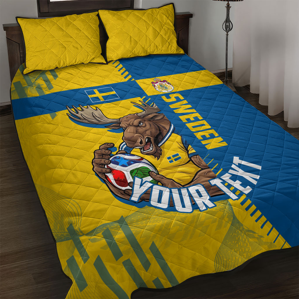 Personalized Sweden Soccer Quilt Bed Set Swedish Flag - Moose Football Mascot