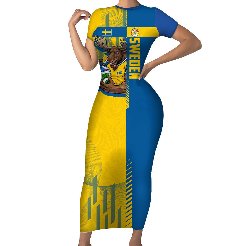 Personalized Sweden Soccer Short Sleeve Bodycon Dress Swedish Flag - Moose Football Mascot