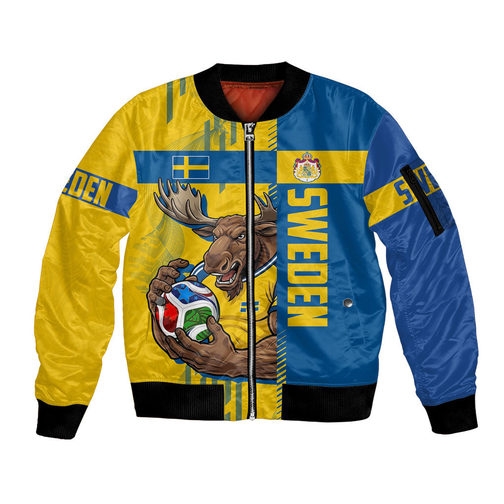 Personalized Sweden Soccer Sleeve Zip Bomber Jacket Swedish Flag - Moose Football Mascot
