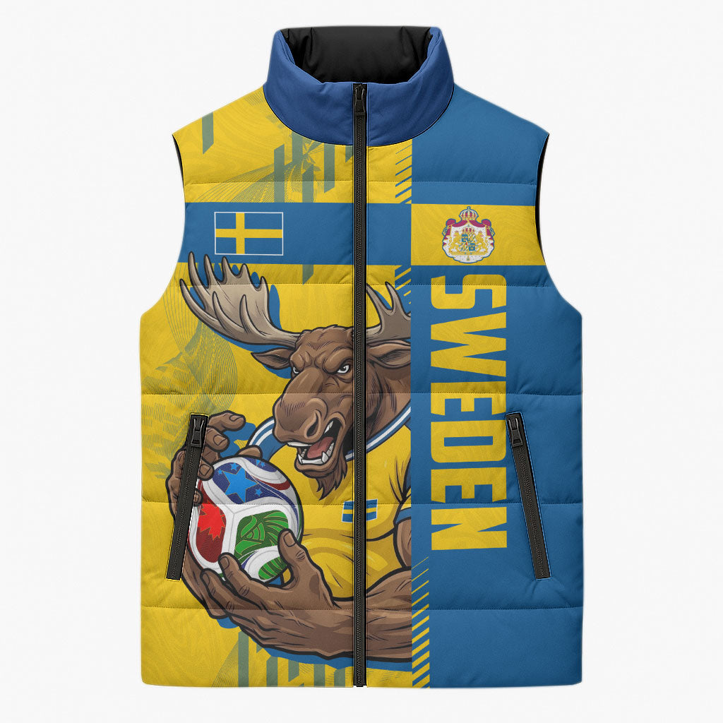 Personalized Sweden Soccer Sleeveless Puffer Jacket Swedish Flag - Moose Football Mascot