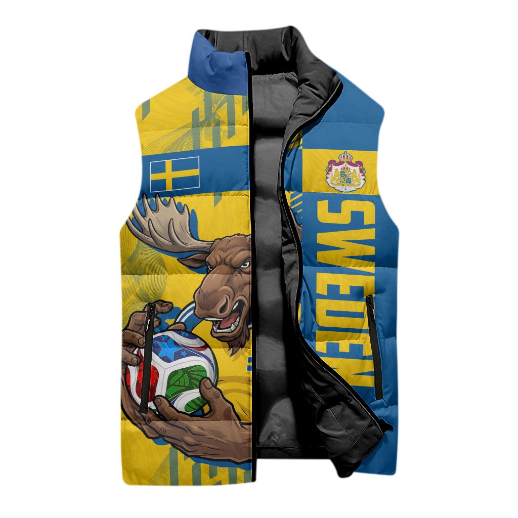 Personalized Sweden Soccer Sleeveless Puffer Jacket Swedish Flag - Moose Football Mascot
