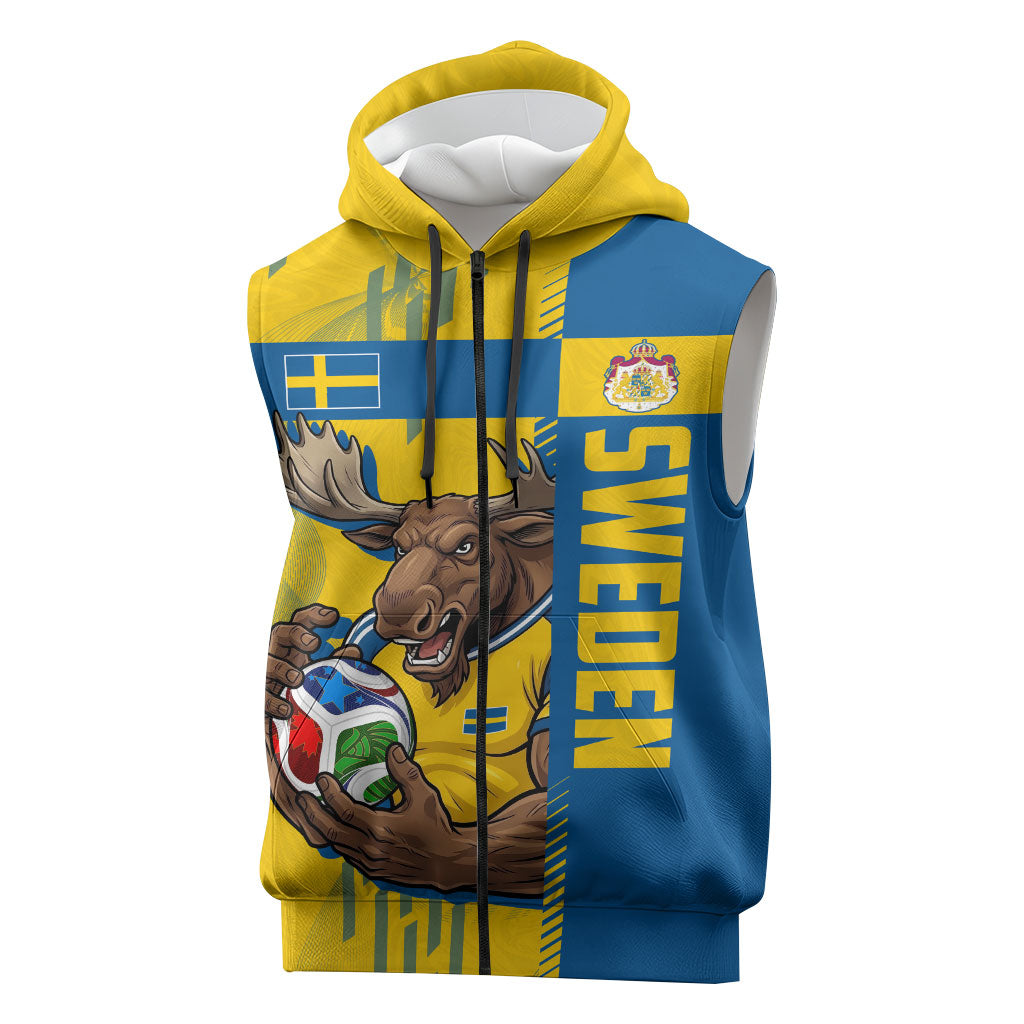 Personalized Sweden Soccer Sleeveless Zip Hoodie Swedish Flag - Moose Football Mascot