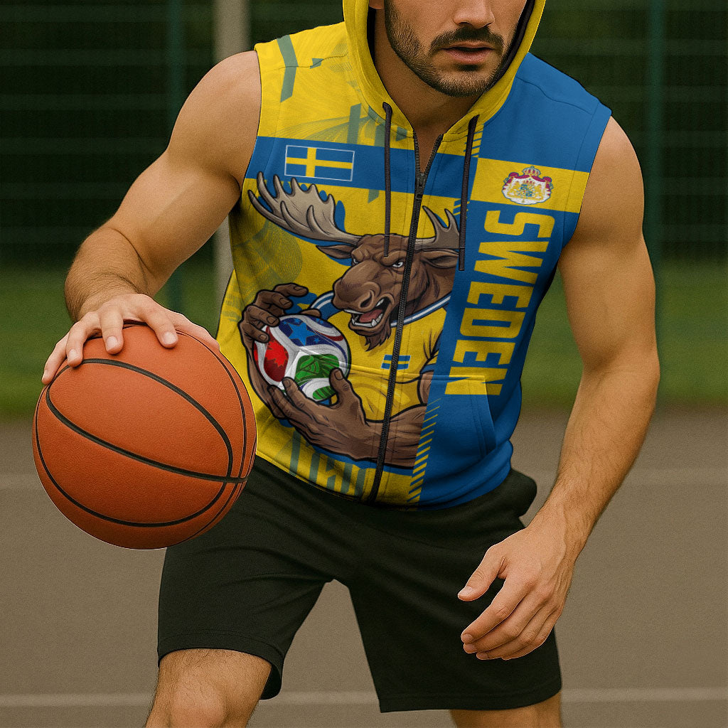 Personalized Sweden Soccer Sleeveless Zip Hoodie Swedish Flag - Moose Football Mascot