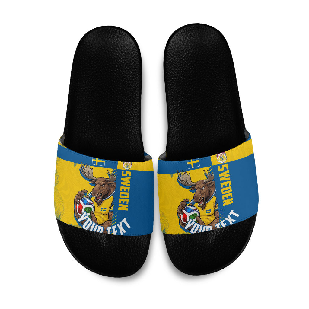 Personalized Sweden Soccer Slide Sandals Swedish Flag - Moose Football Mascot