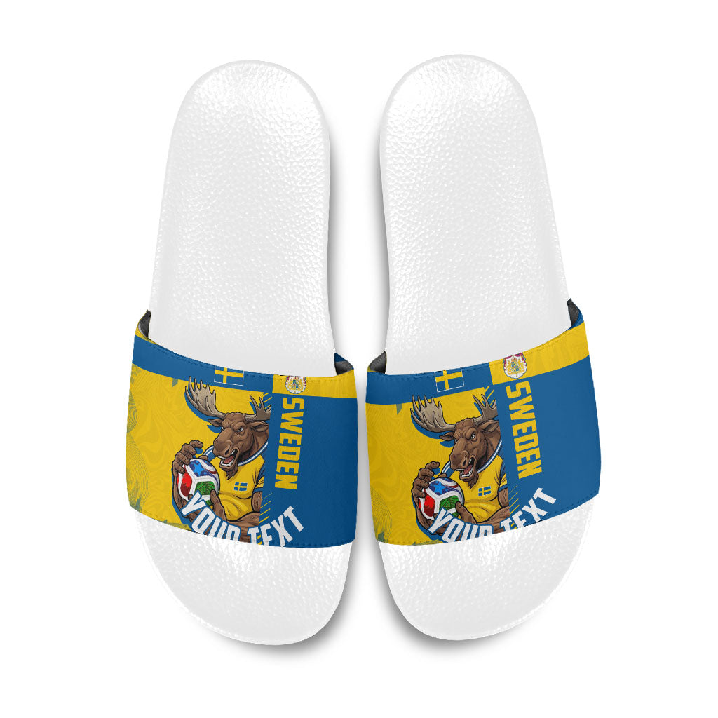 Personalized Sweden Soccer Slide Sandals Swedish Flag - Moose Football Mascot