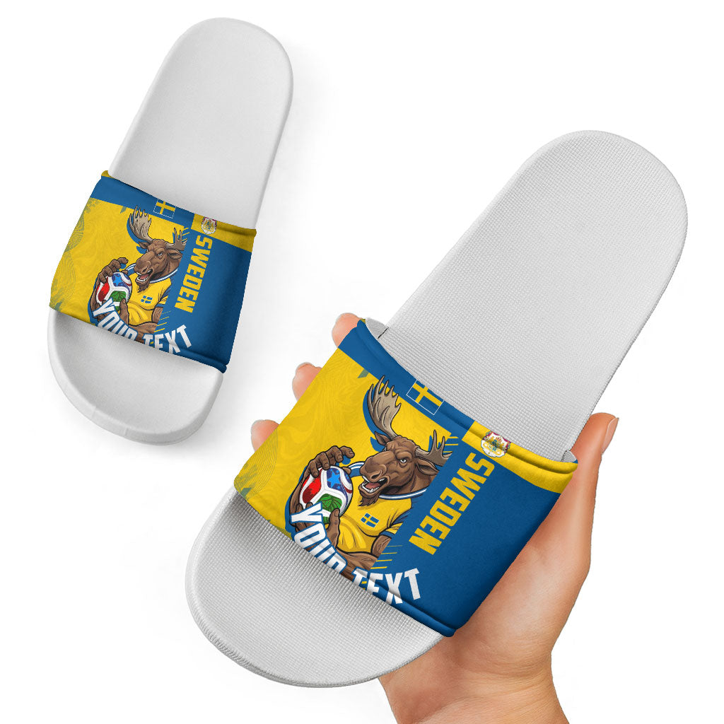 Personalized Sweden Soccer Slide Sandals Swedish Flag - Moose Football Mascot