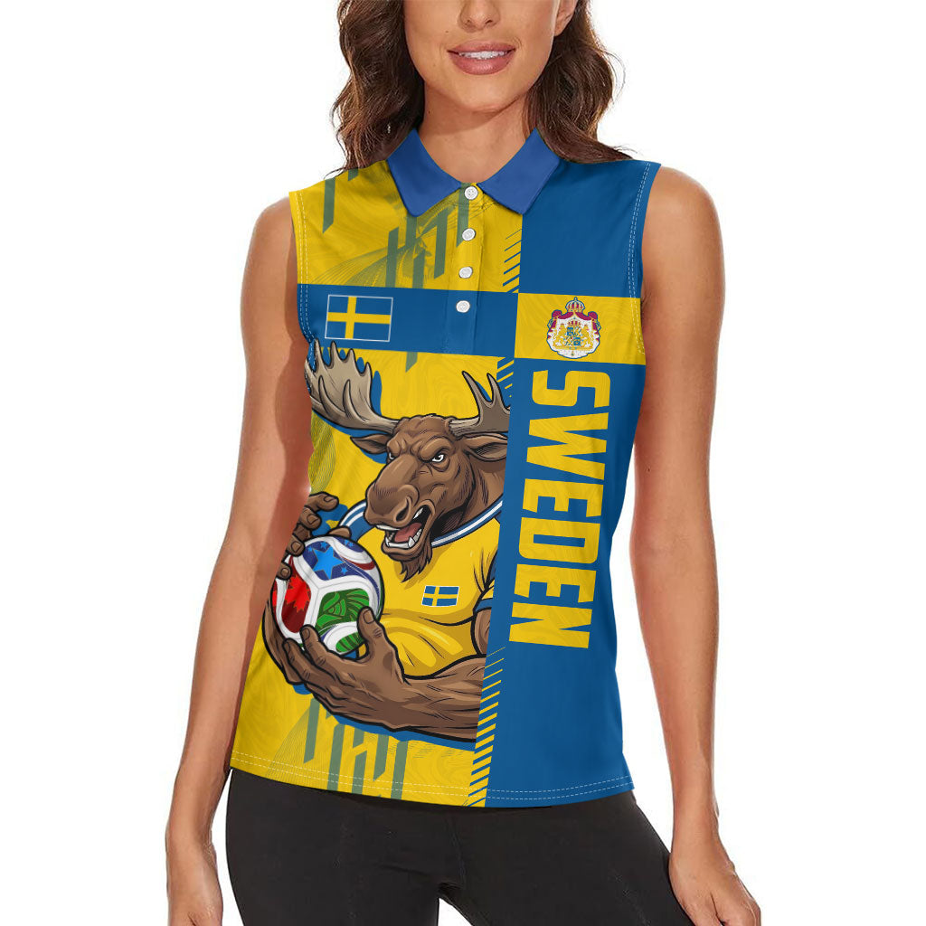 Personalized Sweden Soccer Women Sleeveless Polo Shirt Swedish Flag - Moose Football Mascot