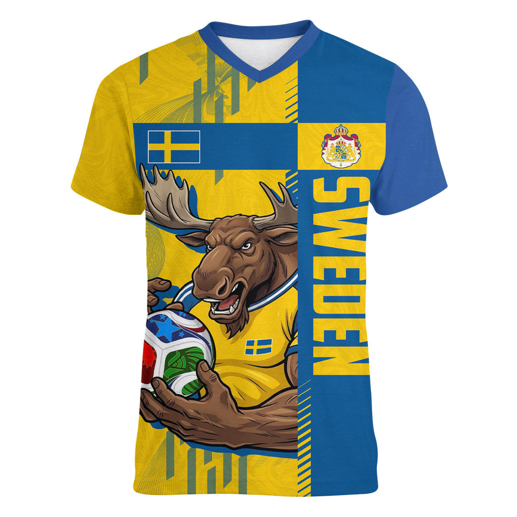 Personalized Sweden Soccer Women V-Neck T-Shirt Swedish Flag - Moose Football Mascot