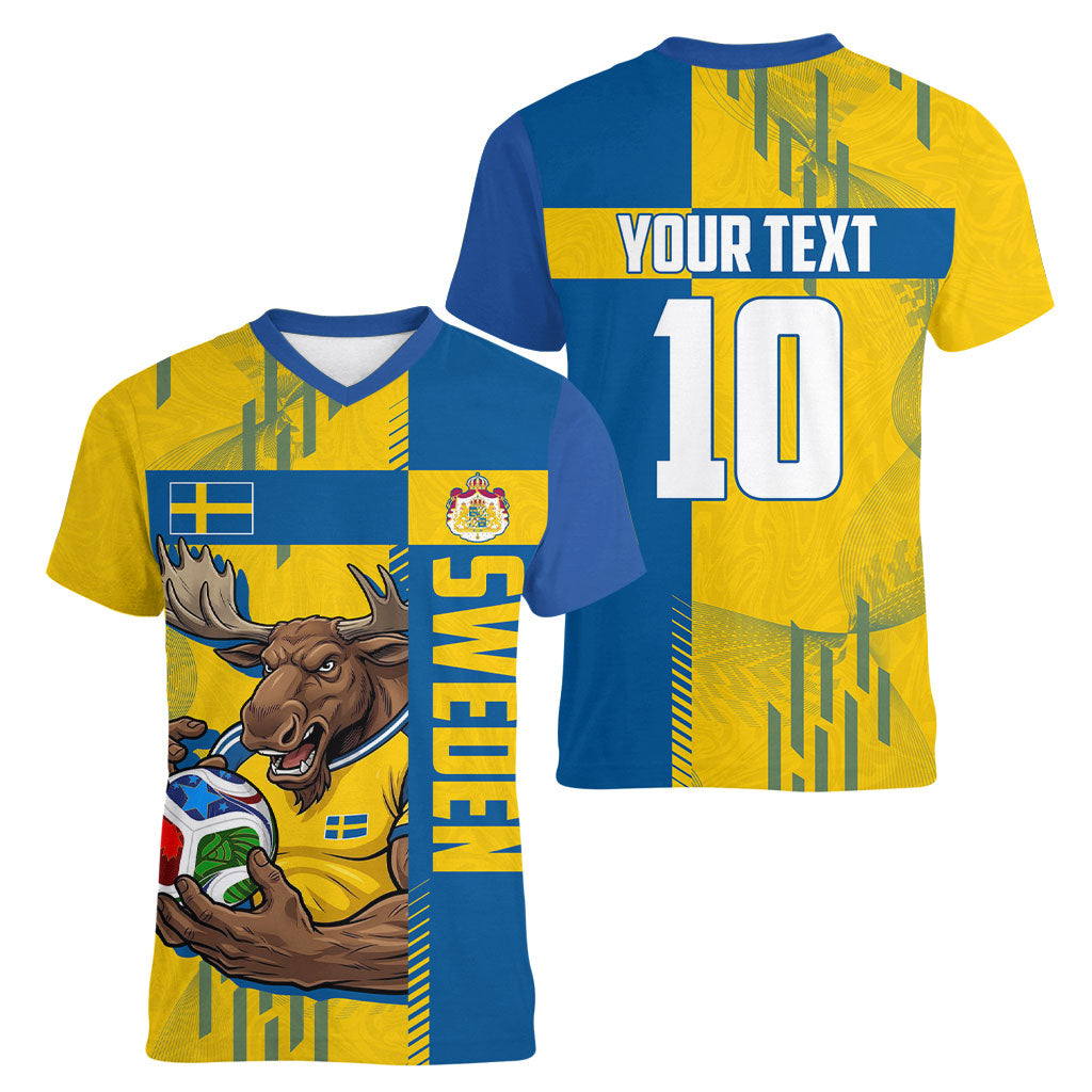 Personalized Sweden Soccer Women V-Neck T-Shirt Swedish Flag - Moose Football Mascot