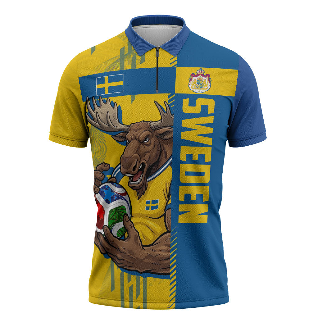 Personalized Sweden Soccer Zipper Polo Shirt Swedish Flag - Moose Football Mascot