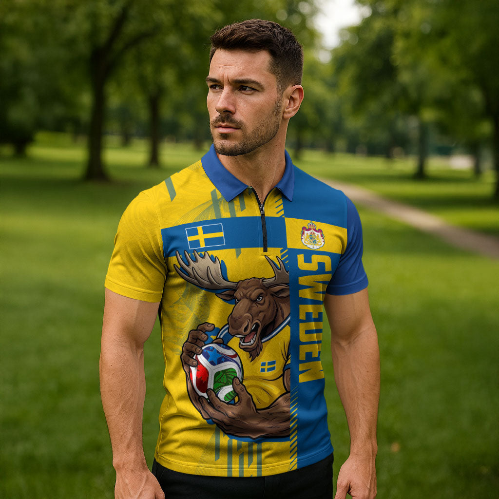 Personalized Sweden Soccer Zipper Polo Shirt Swedish Flag - Moose Football Mascot