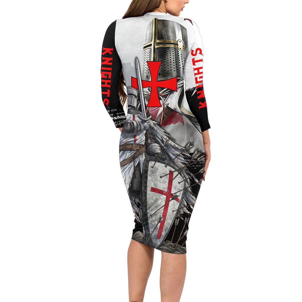 Knights Templar Crusader Long Sleeve Bodycon Dress Medieval Armor Red Cross Shield