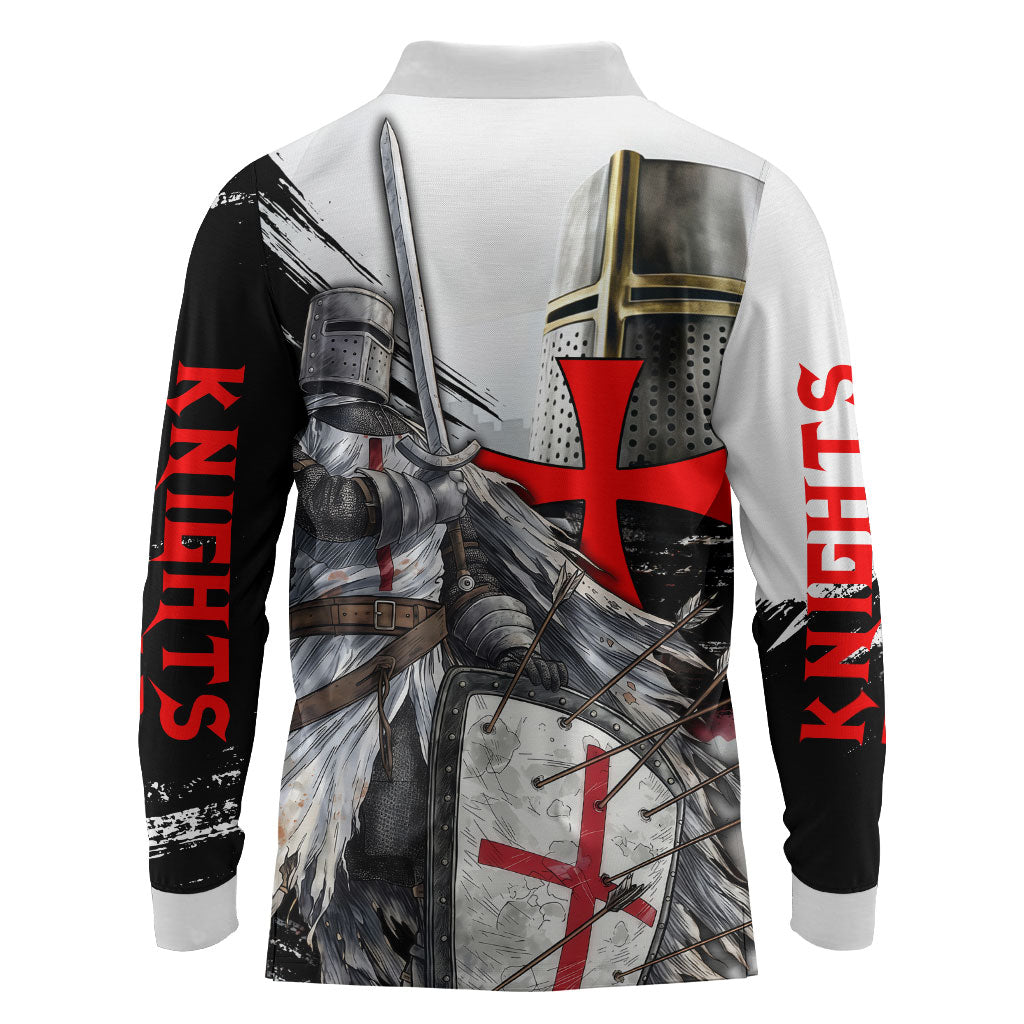 Knights Templar Crusader Long Sleeve Polo Shirt Medieval Armor Red Cross Shield