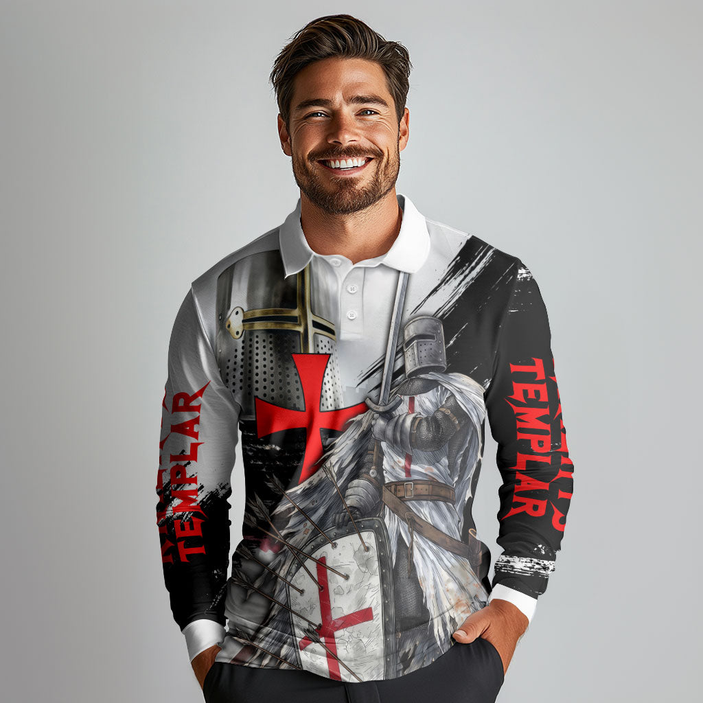 Knights Templar Crusader Long Sleeve Polo Shirt Medieval Armor Red Cross Shield