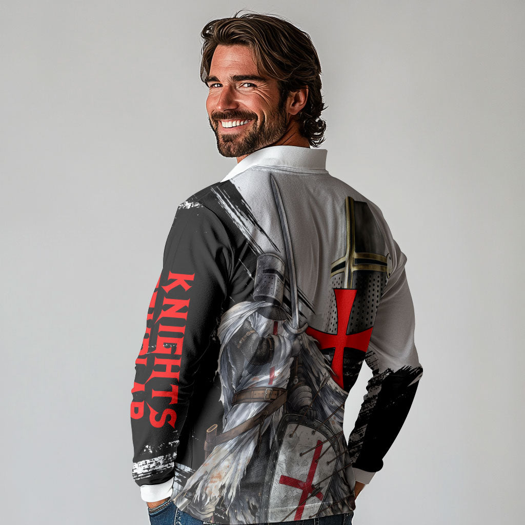 Knights Templar Crusader Long Sleeve Polo Shirt Medieval Armor Red Cross Shield