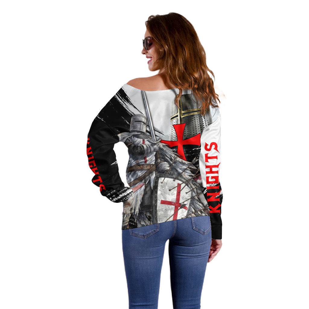 Knights Templar Crusader Off Shoulder Sweater Medieval Armor Red Cross Shield