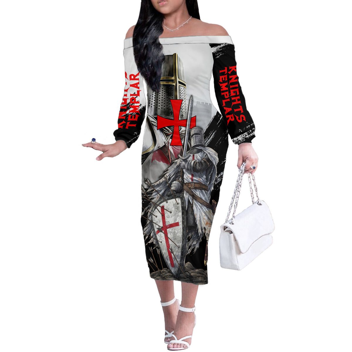 Knights Templar Crusader Off The Shoulder Long Sleeve Dress Medieval Armor Red Cross Shield