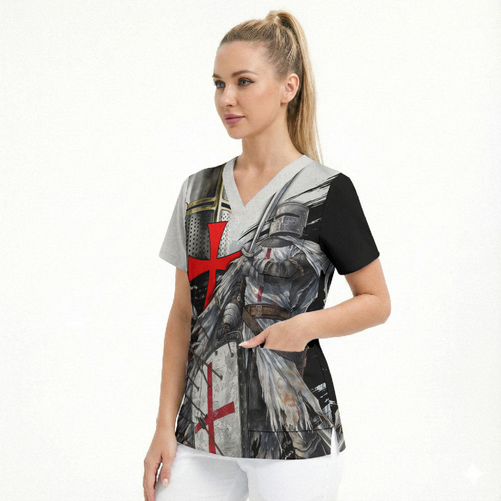 Knights Templar Crusader Scrub Top Medieval Armor Red Cross Shield